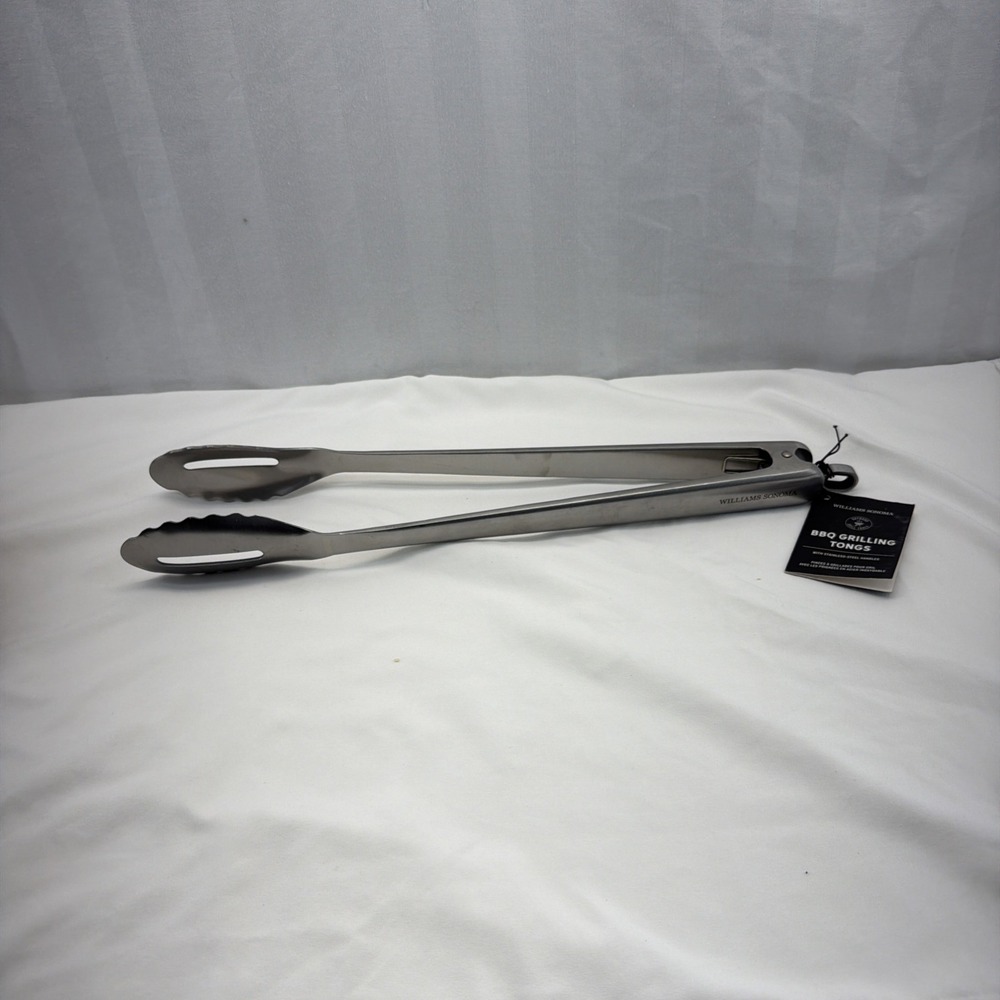 WILLIAM SONOMA BBQ TONGS STAINLESS STELL WITH BLACK HARD PLASTIC HANDLE 18"L